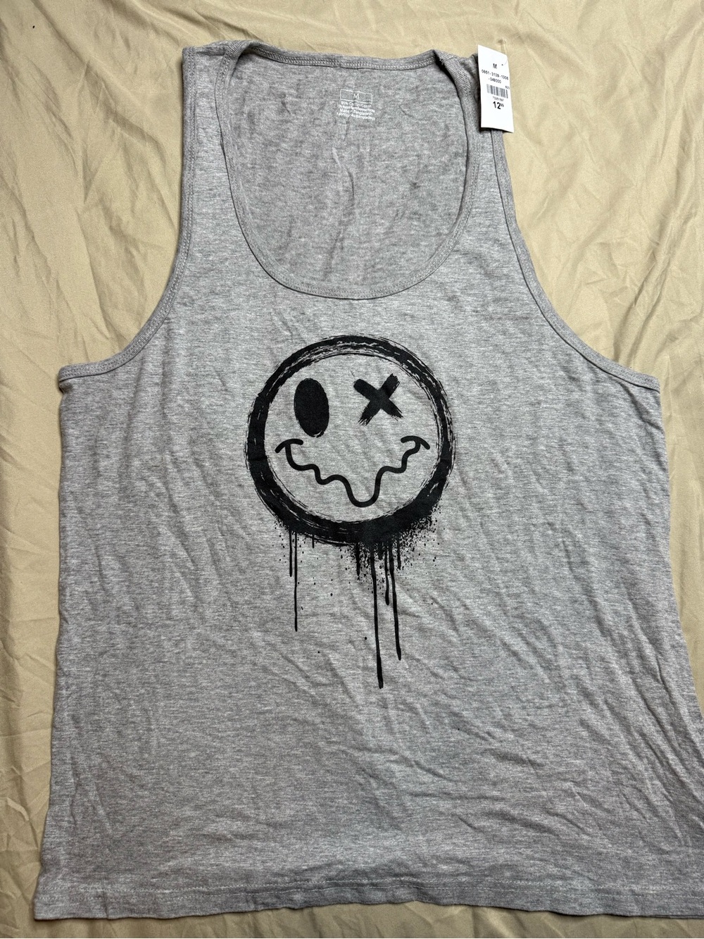 🔥2 for $10🔥 NWT Gray Smiley Graphic Tank Top - Distressed Drip Design
